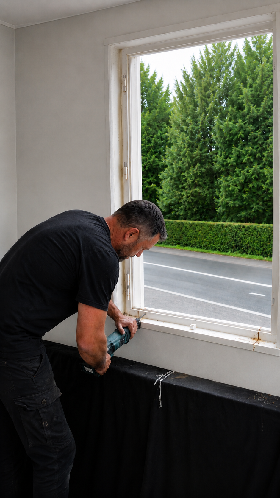 Monteur bereitet den Austausch eines alten Fensters vor