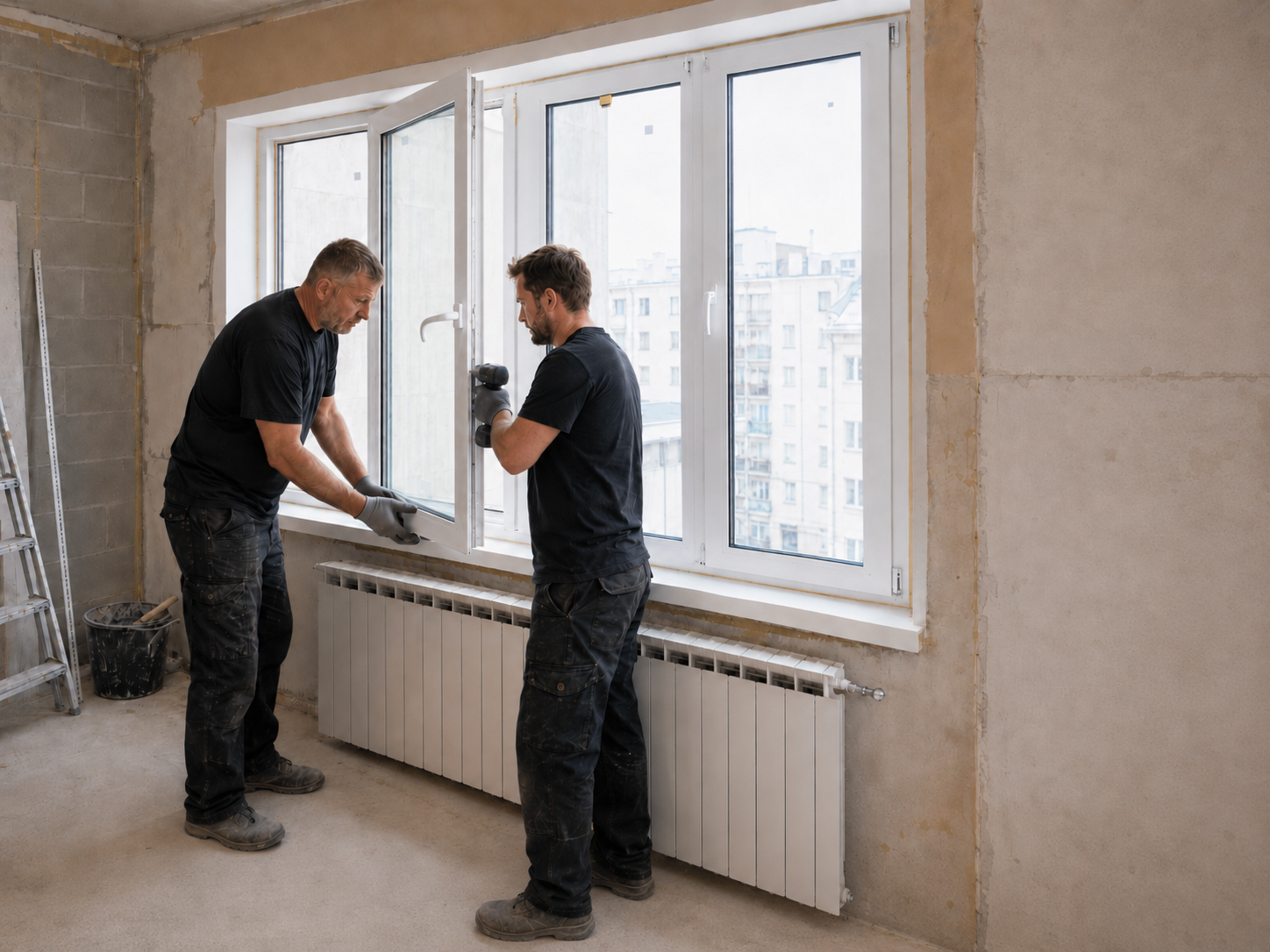 Monteure montieren ein neues Fensterelement in einer Wohnung
