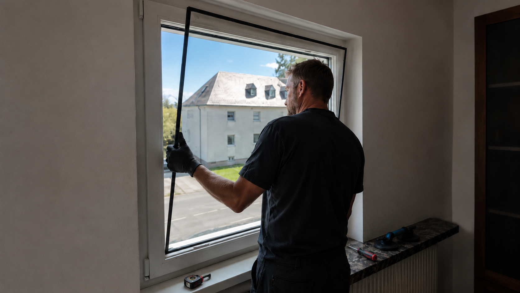 Monteur setzt eine neue Fensterscheibe beim Glasaustausch ein